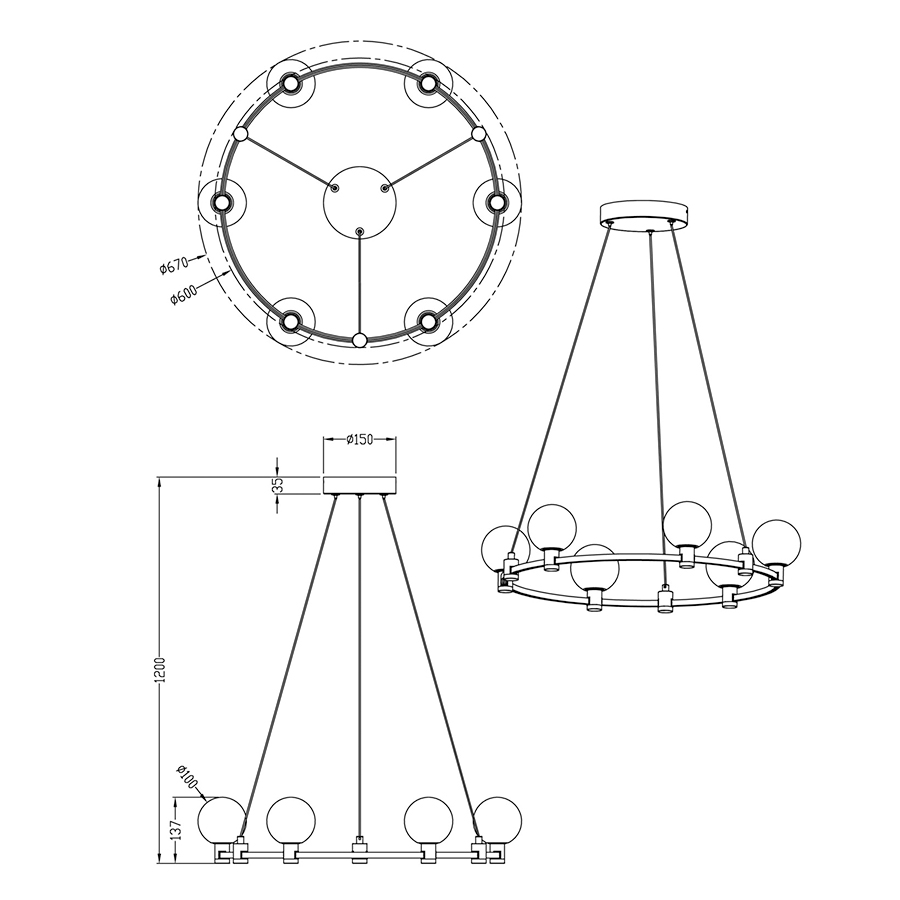 Изображение товара Светильник подвесной Loft, 6 ламп, Ø60х120 см, черный/никель