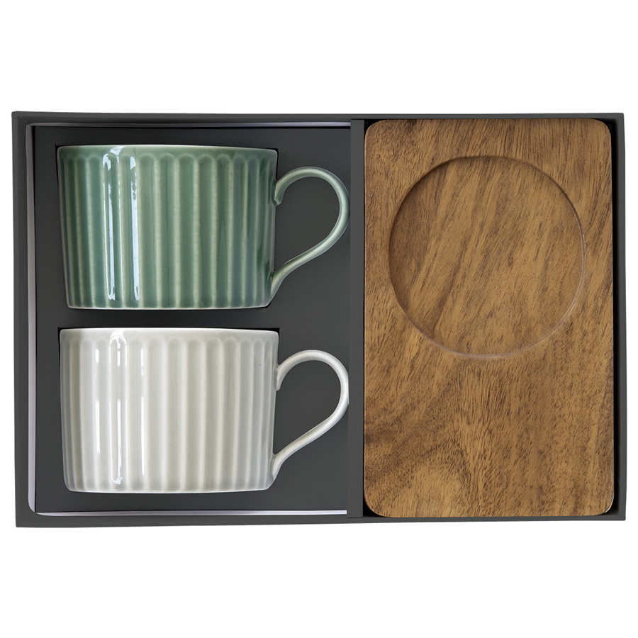 Изображение товара Набор из 2-х чашек для чая с подставками из акации Время отдыха, 250 мл, зеленая/светло-серая