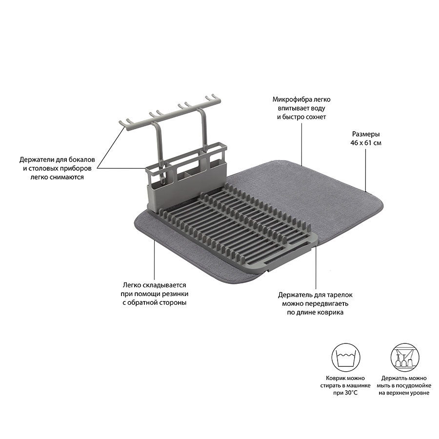 Коврик для сушки посуды с подставкой Udry, 46х27,3х61 см, темно-серый  купить в Москве - DesignBoom