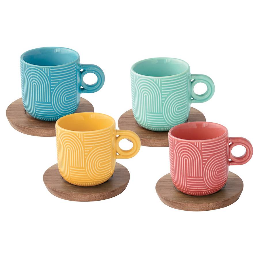 Изображение товара Набор из 4-х чашек для кофе с подставками из акации Радуга отдыха, 110 мл, разноцветный