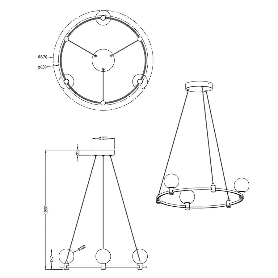 Изображение товара Светильник подвесной Loft, 3 лампы, Ø60х120 см, черный/никель