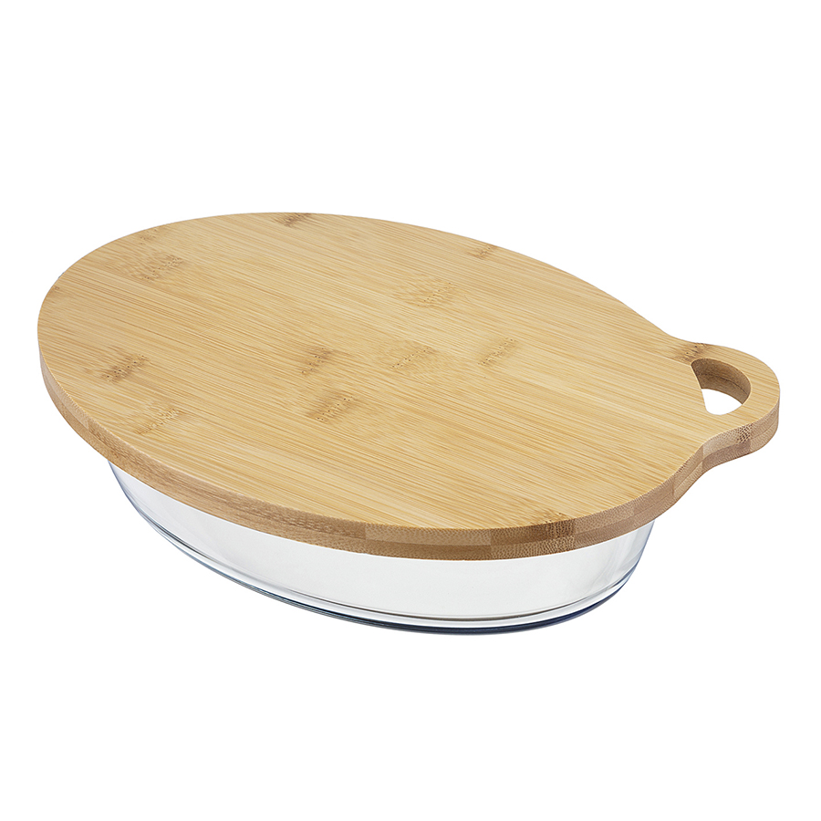 Изображение товара Форма для выпечки стеклянная с бамбуковой крышкой-подносом, 1,6 л