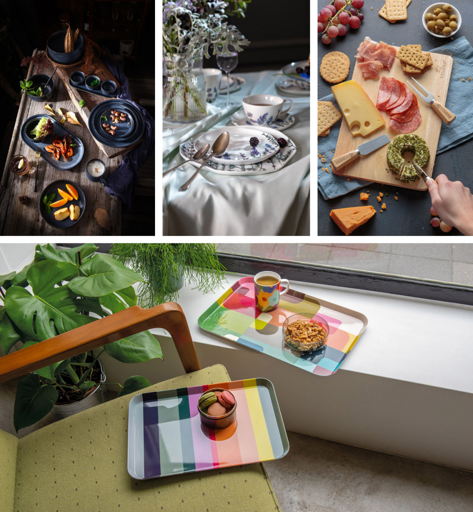 На фото посуда из коллекции Cosmic Kitchen и Floral бренда Liberty Jones, набор для сыра Everyday от Viners, поднос Pablo бренда Remember.