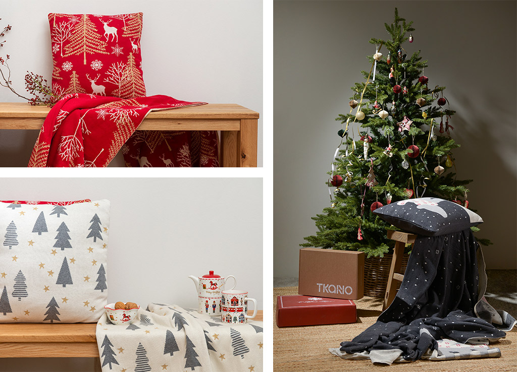 На фото декоративный текстиль бренда Tkano из коллекции New Year Essential. подушка и плед с новогодним рисунком Winter fairytale, подушка и плед с новогодним рисунком Magic forest, подушка и плед с новогодним рисунком Polar bear.