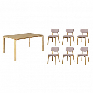 Обеденная группа Union: стол обеденный, 150х90 см, дуб и 6 стульев, рогожка, светло-коричневый/розовый, анонс элемента