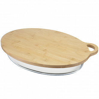 Изображение товара Форма для выпечки стеклянная с бамбуковой крышкой-подносом, 4 л