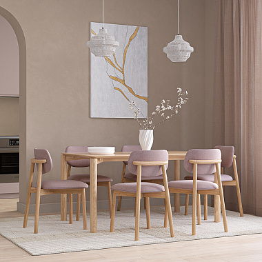 Обеденная группа Union: стол обеденный, 150х90 см, дуб и 6 стульев, рогожка, светло-коричневый/розовый, анонс элемента