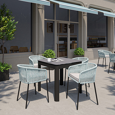 Обеденная группа: стол Leif, 80х80 см, темно-серый и стул Reed, черный/серо-голубой, 4 шт., анонс элемента