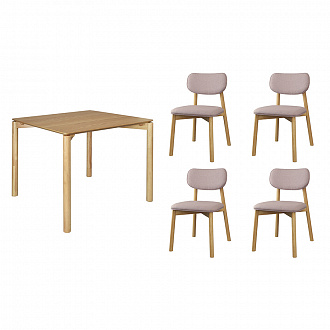 Обеденная группа Union: стол обеденный 90х90 см, дуб и 4 стула, рогожка, светло-коричневый/розовый