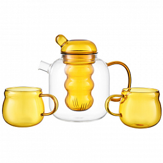 Изображение товара Чайник стеклянный с двумя чашками, 1,2 л, желтый