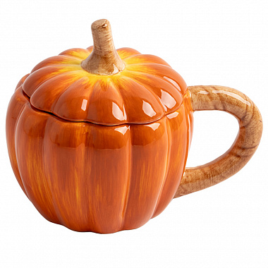 картинка Кружка с крышкой Тыква, Anna Lafarg, Bright pumpkin, 12 см, оранжевая/зеленая, 450 мл от магазина Одежда+