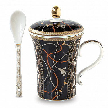 картинка Кружка с крышкой и ложкой Luxury chain, 300 мл, черная от магазина Одежда+