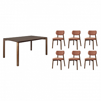 Обеденная группа Union: стол обеденный, 150х90 см, дуб и 6 стульев, рогожка, темно-коричневый/терракота