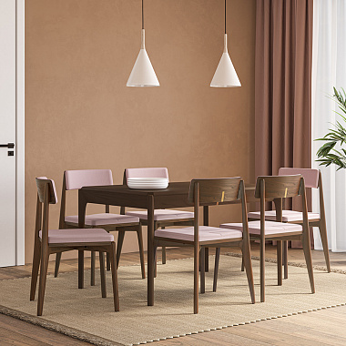 Обеденная группа Aska: стол 85х180 см, орех и стулья орех/розовый, 6 шт., анонс элемента