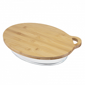 Изображение товара Форма для выпечки стеклянная с бамбуковой крышкой-подносом, 2,4 л
