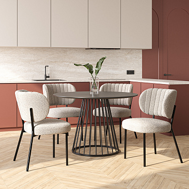 Обеденная группа: стол Tyra, Ø110 см, черный и стул Robbi, серо-бежевый, 4 шт., анонс элемента