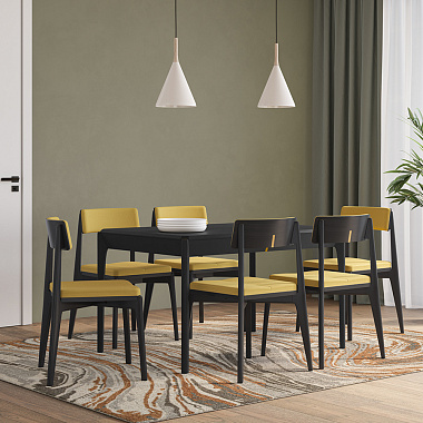 Обеденная группа Aska: стол 85х180 см, черный и стулья черный/горчичный, 6 шт., анонс элемента
