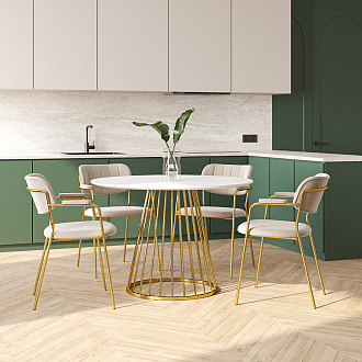 Обеденная группа: стол Tyra, Ø110 см, белый/золотой и стул Eirill, серый, 4 шт.