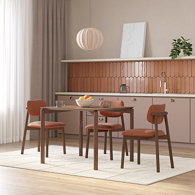 Обеденная группа Union: стол обеденный 90х90 см, дуб и 4 стула, рогожка, темно-коричневый/терракота, анонс элемента