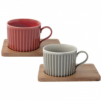 Изображение товара Набор из 2-х чашек для чая с подставками из акации Время отдыха, 250 мл, красная/серая
