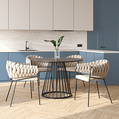 Обеденная группа: стол Tyra, Ø110 см, черный и кресло Lind, бежевое, 4 шт., анонс элемента