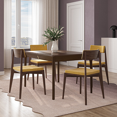 Обеденная группа Aska: стол 85х120 см, орех и стулья орех/горчичный, 4 шт., анонс элемента
