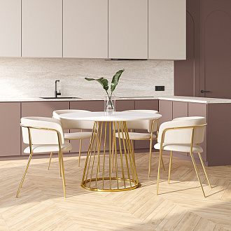 Обеденная группа: стол Tyra, Ø110 см, белый/золотой и стул Helning, латунь/бежевый, 4 шт.