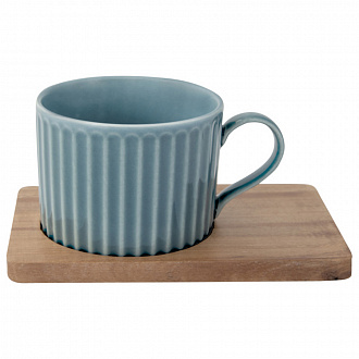 Изображение товара Набор из 2-х чашек для чая с подставками из акации Время отдыха, 250 мл, синяя/желтая