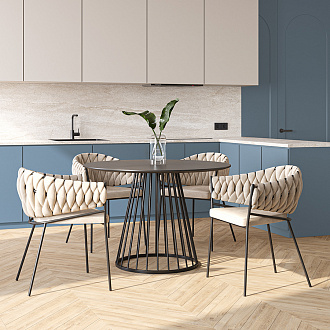 Обеденная группа: стол Tyra, Ø110 см, черный и кресло Lind, бежевое, 4 шт.