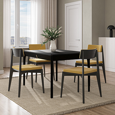 Обеденная группа Aska: стол 85х120 см, черный и стулья черный/горчичный, 4 шт., анонс элемента