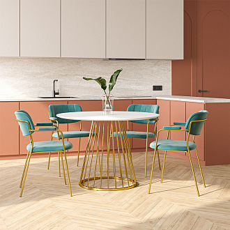 Обеденная группа: стол Tyra, Ø110 см, белый/золотой и стул Eirill, темно-зеленый, 4 шт.