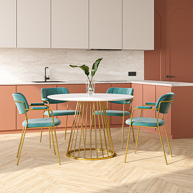 Обеденная группа: стол Tyra, Ø110 см, белый/золотой и стул Eirill, темно-зеленый, 4 шт., анонс элемента