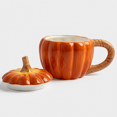 картинка Кружка с крышкой Тыква, Anna Lafarg, Bright pumpkin, 12 см, оранжевая/зеленая, 450 мл от магазина Одежда+