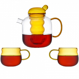 Изображение товара Чайник стеклянный с двумя чашками, 1,2 л, желтый